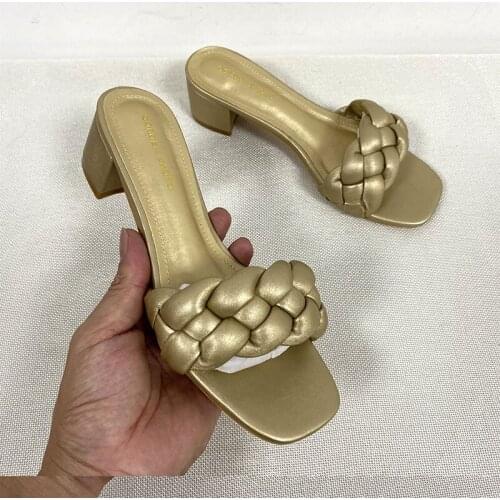 Square Low Heel Woman Sandals Summer Shoes Weave Open Toe Fashion Sandals Women Heels Leather Casual Outside Baech Shoes 36-41