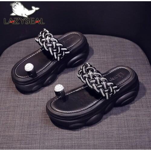 Lazyseal Thick Bottom Rubber Platform Flip Flop Diamond Chain Design Women Slides Heel Height Beach Sandals Shoes Zapatos Mujer