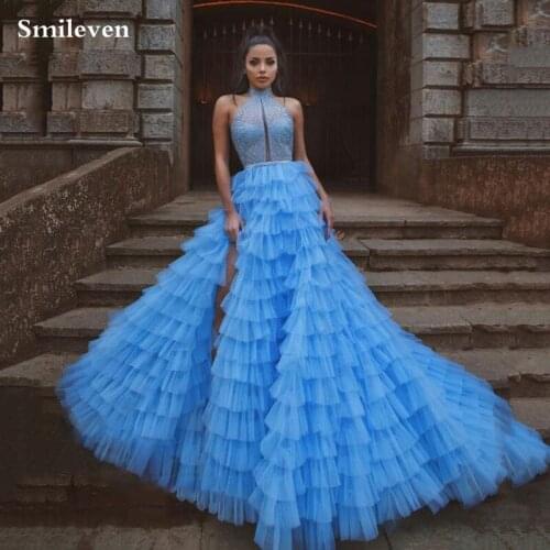 Smileven Modest Puffy Prom Gowns Sexy Side Split Tiered Eveing Gowns Helter Neck Saudi Arabia Evening Party Dresses