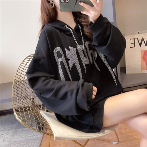 Round neck sweatshirt women loose letters hot rhinestones mid-length spring and autumn thin section hooded hoodie