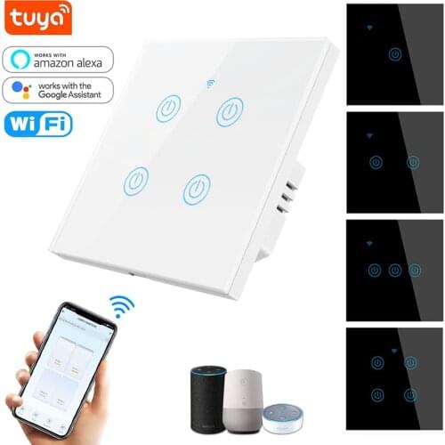 Tuya Smart Touch Switch 86 EU Glass Panel WIFI Light Switch 1/2 /3/4 Gang 220V No Neutral ,Voice Remote Control Timing Function
