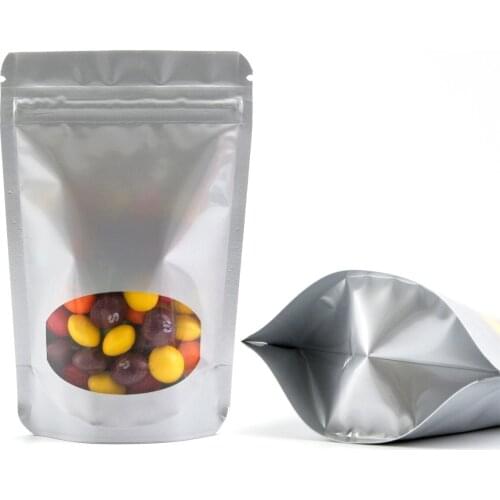 WISHDIAM 100pcs/lot Reclosable Clear Window Food Coffee Packing Bag Aluminium Foil Mylar Silver Ziplock Bags Stand Up