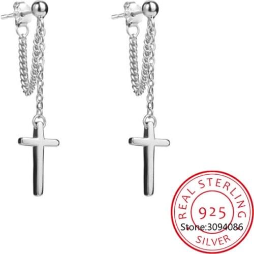 100% 925 Sterling Silver Cross Chain Stud Earrings Beautiful For Women Lady Silver 925 Jewelry Gift ED470