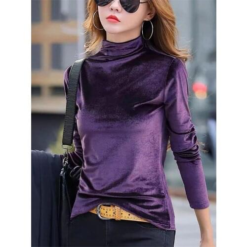 Women Spring Autumn Turtleneck Velvet T-Shirt Full Sleeve Loose Slim Elegant Office Basic Shirts Plus Size Vintage Women Tops