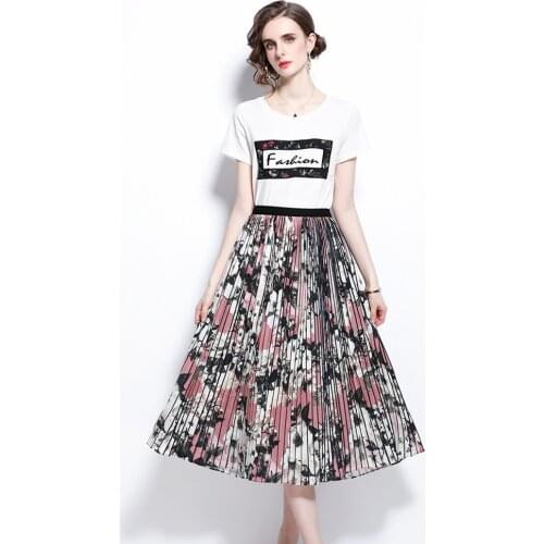 2021 Summer White T-Shirt And Skirts Women Embroidered Letter Short Sleeve Top + Flower Printed Pleated Skirt 2 Piece Set