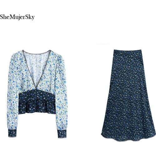 SheMujerSky Women Blue V-neck Floral Print Cropped Blouses Long Skirts Matching Set 2021 Spring Autumn Tops Skirt 2 Pcs Set