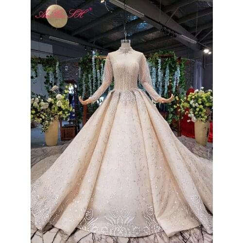 AnXin SH Luxury princess flower champagne lace high neck beading crystal illusion long sleeve wedding dress 100% real photo