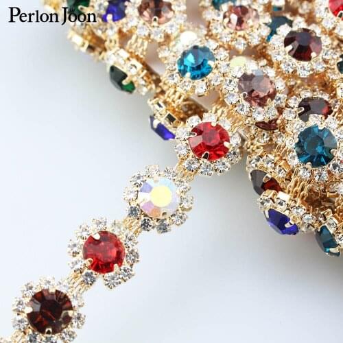 1 yard 1.1cm mixed color crystal round rhinestone trim shiny crystal gold metal chain clothing bag decoration accessories ML111