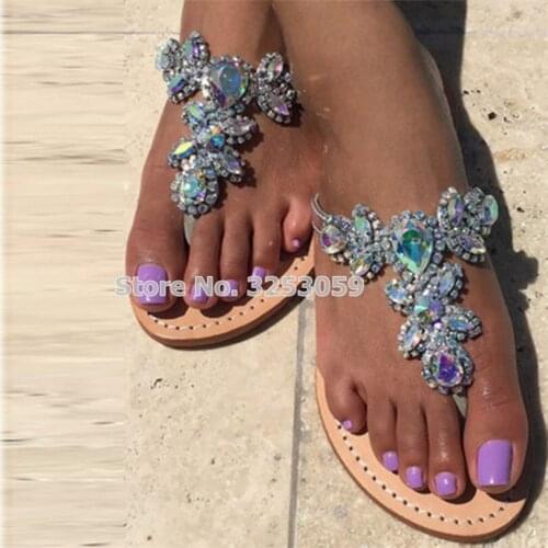 ALMUDENA Ladies Silver Green Bling Bling Crystal Flip Flops Bohemian Style Clip Toe Sandals Beaded Flower Beach Dress Shoes