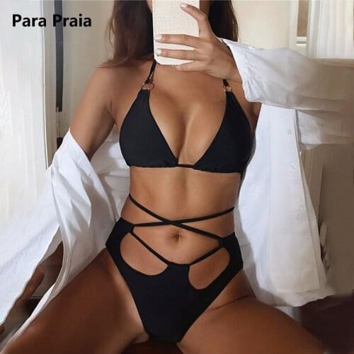 Para Praia Bandage Bikini 2021 Sexy Hollow Out Swimwear String Lace Up High Waist Bikini Set Halter Bathing Suit Women Swimsuit