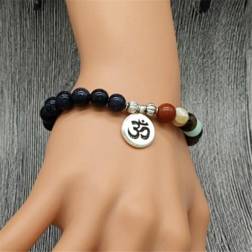 Handmade Natural Stone Lotus Buddha Ohm Bracelet Blue sand Stone Beads Eight Planets Bracelet for Women Men Yoga Jewelry Gift