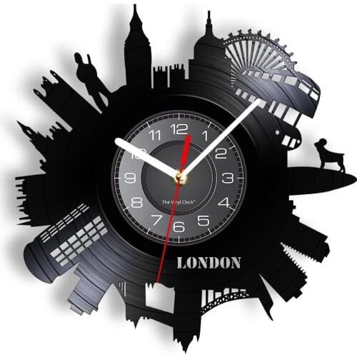 London Cityscape Art Living Room Wall Clock Office Decor Laser Cut Out Vinyl Record Skyline Shadow Art Contemporary Wall Clock