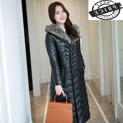 Leather Down Genuine Jacket Women Real Sheepskin Coat Female Mink Fur Hooded Warm Long Jackets Elegant Outwear LWL102a