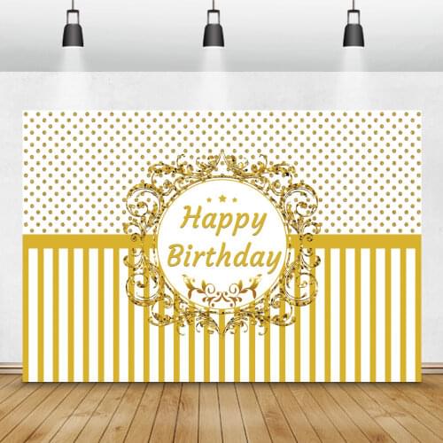 Laeacco Gold Stripe Dot Happy Birthday Party Flower Pattern Baby Kid Poster Customized Photo Background Photo Backdrop Photocall