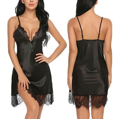 Summer Sexy Black Women Sleepwear Dresses HOT Women Sexy Sleeveless V-Neck Satin Lace Patchwork Sleepshirts