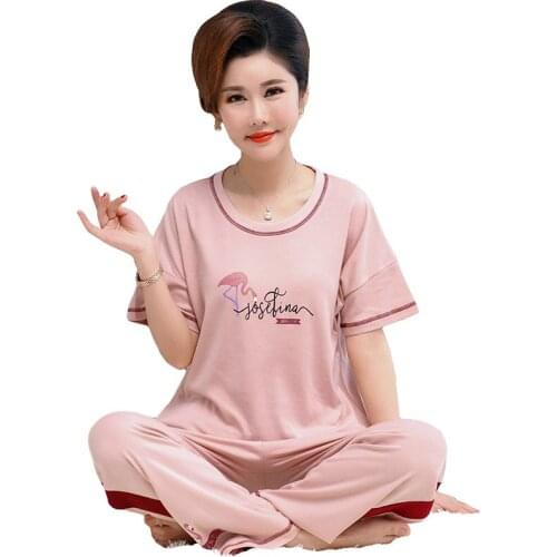 Summer full cotton pajamas set women sweet animal cartoon short-sleeve T-shirt + long pants two-piece suit fashion home clothing