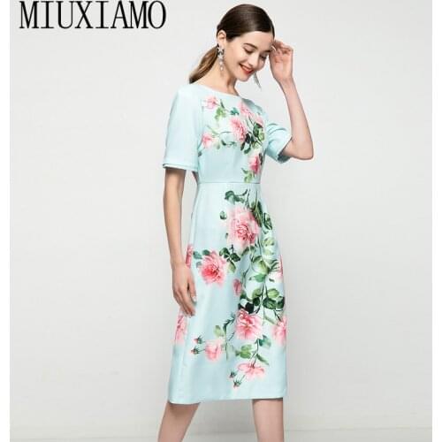 MIUXIMAO 2021 Fashion Party Short Sleeve Flower Print Spring Summer New WomenS Elegant Vintage Chic Midi Dress Vestidos