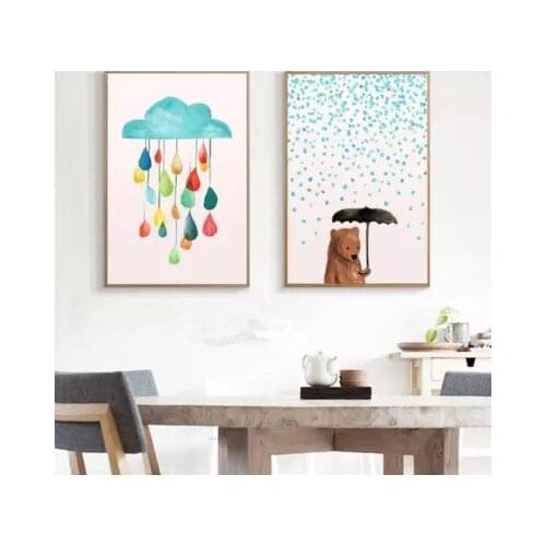 Cartoon Umbrella Bear Cats balloon Colorful Rain Canvas Painting Nursery Kid Room Animal Wall Picture Pster Scandinavian Decor