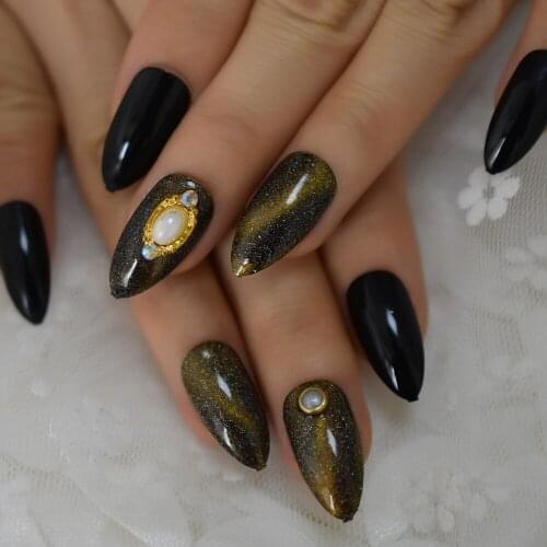 Galaxy Medium Sharp Nail Art Tips Classic Black Designed Acrylic Nails 3D Almond Uv Acrylic Cat Eyes Nail Art Tip