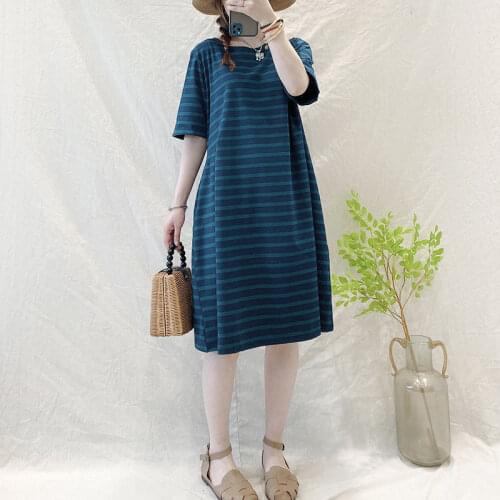 New summer womens versatile leisure stripe short sleeve cotton dress micro-elastic loose dress contracted