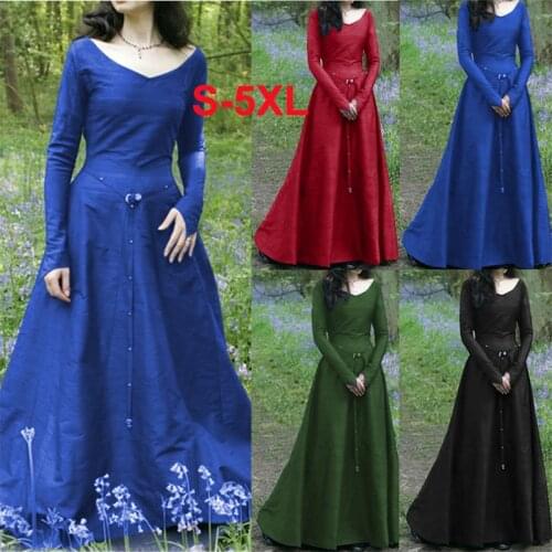 Adult Women Elegant Medieval Vintage Floor Dresses Costume Slim O Neck Retro Renaissance Classical Party Dress Large Size 5XL