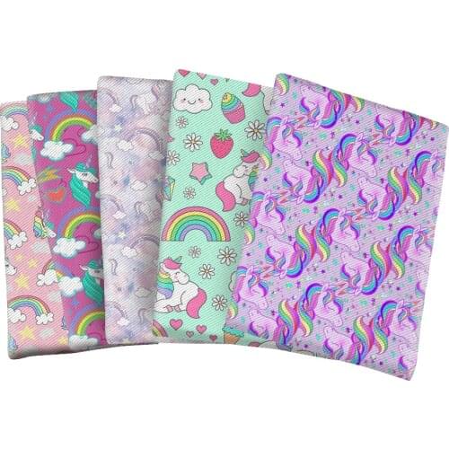 Unicorn Cartoon Printed Twill Polyester Fabric Cotton Animal Rainbow for DIY Bag Earing Hair Bow Center Making 50*145cm