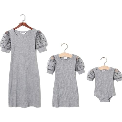 PatPat Polka Dot Puff Sleeve Matching Solid Grey Mini Dresses