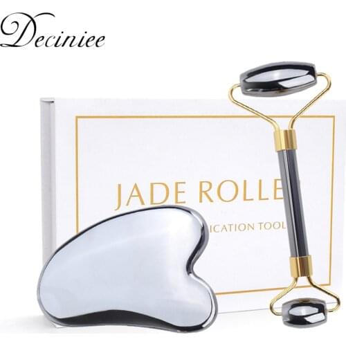 Terahertz Face Roller Jade Roller Gua Sha Set for Face Massager Natural Terahertz Stone for Cooling Massage Wrinkles Anti-Aging