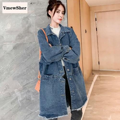 VmewSher New Denim Jacket Women Long Jean Jackets Elegant Oversize Coats Long Sleeve Loose Overcoat Spring Autumn Outwear 2020