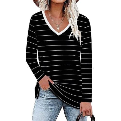 Long Sleeve T Shirt Female Womens Black White Striped Tshirt 2021 Spring Autumn Tee Shirt Lady Basic Casual V-Neck Tops