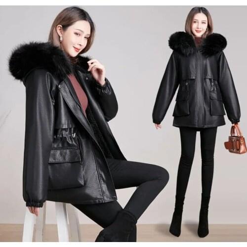 Large Fur Collar Plus Velvet Leather Cotton Coat Mid-Length 2021 New Pie Overcoming Fashionable Leather Winter Jacket Women DW08