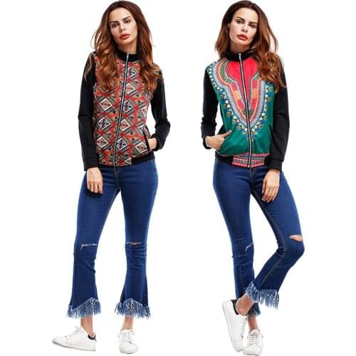 S-2XL slim tight zipper coat jacket national style floral print tops jacket spring autumn casual leisure tops