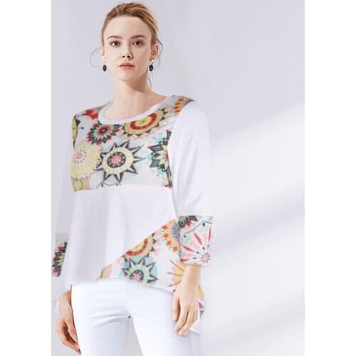 Women Casual Round-neck Three-quarter Sleeve Clothes Bohemian Tops Floral Printed Patch-work T-shirt