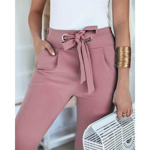 England Style Women Summer Solid Color Pencil Pants Bandage Design Pockets Decor High Waist Slim Hips Trousers for Streetwear