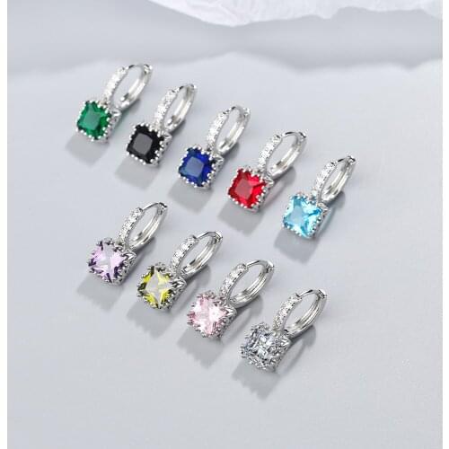 925 Sterling Silver Ear Hoop Earrings for Women Paved Zircon Crystal Bijoux Fashion Square Shape Ear Studs Hot Sale