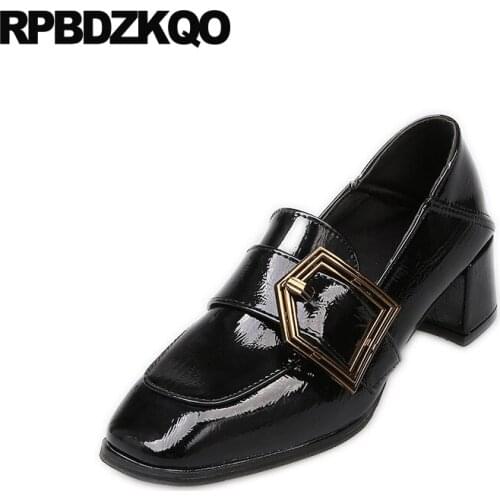 2019 pumps medium heels black square toe thick metal block shoes for women chunky cheap brown fashion patent leather slip on