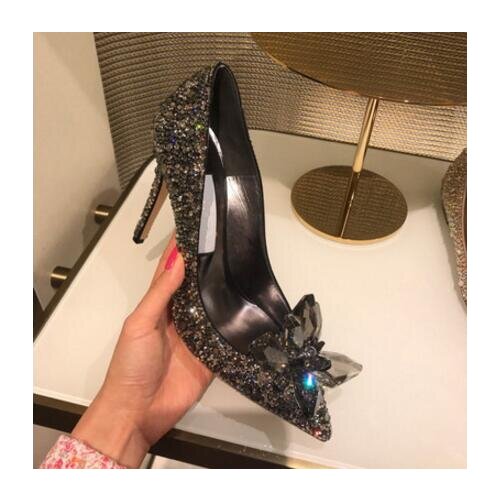 Cinderella Crystal Party High Heel Shoes Women Pointed Toe High Heels Female Big Rhinestone Slip-on Wedding Pumps