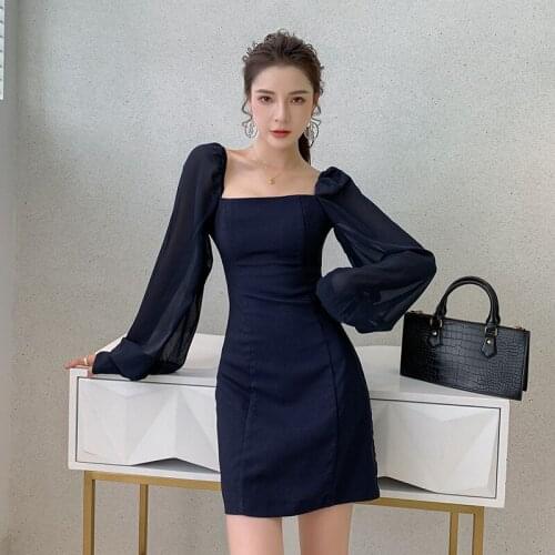 Women Office Long Sleeve Slim Waist Stitching Bodycon Dress 2021 Autumn New Elegant Square Neck Solid Color Mini Dress Vestidos