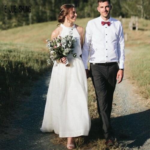 E JUE SHUNG Simple White Country Wedding Dresses High Neck Keyhole Back A Line Wedding Gowns Bridal Dresses Vestido de Novia