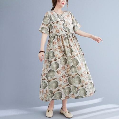 2021 New Arrival Thin Soft Cotton Linen Beading Fashion Women Summer Dress Print Floral Draw String Office Lady Work Long Dress