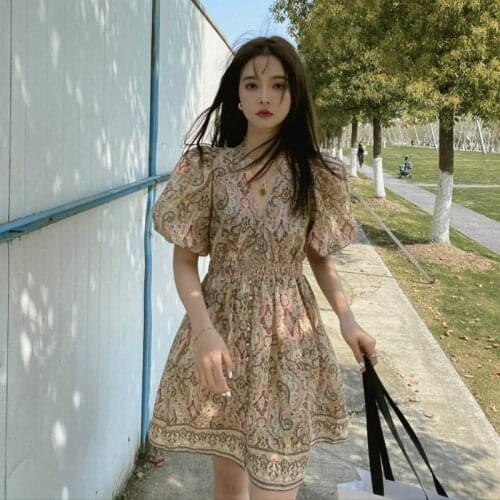 Women Summer Vintage V Neck Puff Sleeve Mini Shirt Dress Pattern Printing Elastic-slim Waist Short Dresses Ball Gown