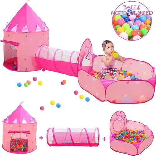 Princess Pink Star Castle 3 In 1 Childrens Tent Playhouse Toy Foldable Crawling Tunnel Indoor Outdoor Ball Pool For Girls Gift