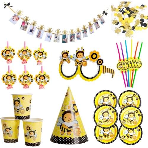 6pcs/Set Cartoon Honey Bee Disposable Tableware Paper Banner Kids Birthday Party Supplies Hat Cups Plates Baby Shower Decoration