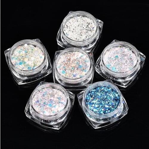 6pcs Blue Colorful Nail Glitter Set Holographic Laser Powder Flake Shine Manicure Ultra Thin Sequin Chrome Nail Art Pigment