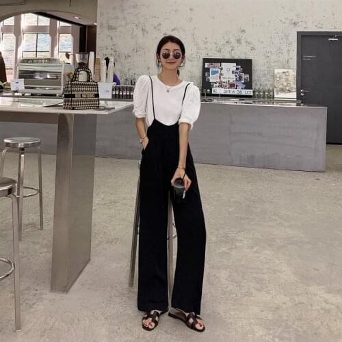 Black Suspenders Jumpsuit 2021 New Korean Fashion Loose Thin Summer Wide-leg Suit Trousers Female + White T-Shirt Two-Piece Suit
