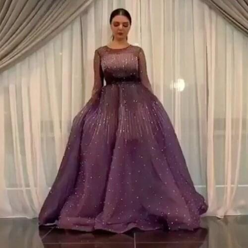 Purple prom dresses 2021 crew neckline beading crystal ball gown pearls beaded shinning evening dresses gowns