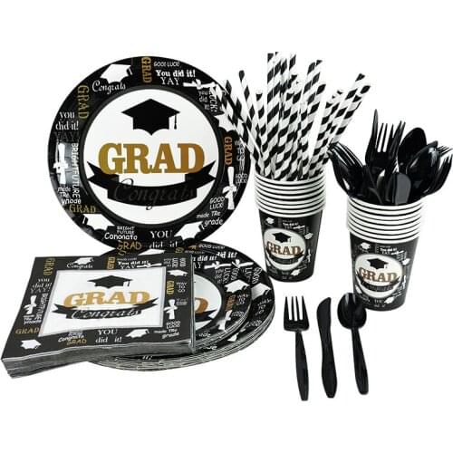 GRAD Disposable Tableware Black White Paper Plates Cups Napkins Plastic Cutlery Congratulation Graduation Party Supplies Decor