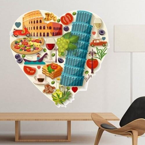Italy Love Heart Landscape Landmark Resident Diet Illustration Pattern Removable Wall Sticker Mural DIY Wallpaper for Room Decal