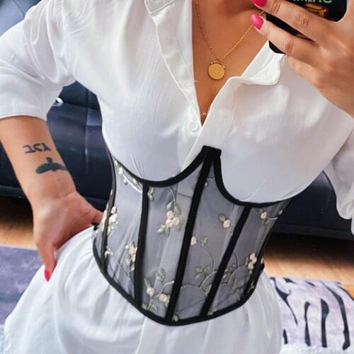Elegant Women Embroidered Corsets Bustiers Mesh Girdle Back Lace-up Waist Belt Fishbone Crown Corset Top Underbust Curve Shaper