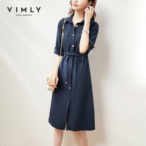VIMLY Summer Womens Dress Elegant Half Sleeve Elastic Waist Button up Shirt Dresses Vintage Solid Maxi Dresses for Women F7035